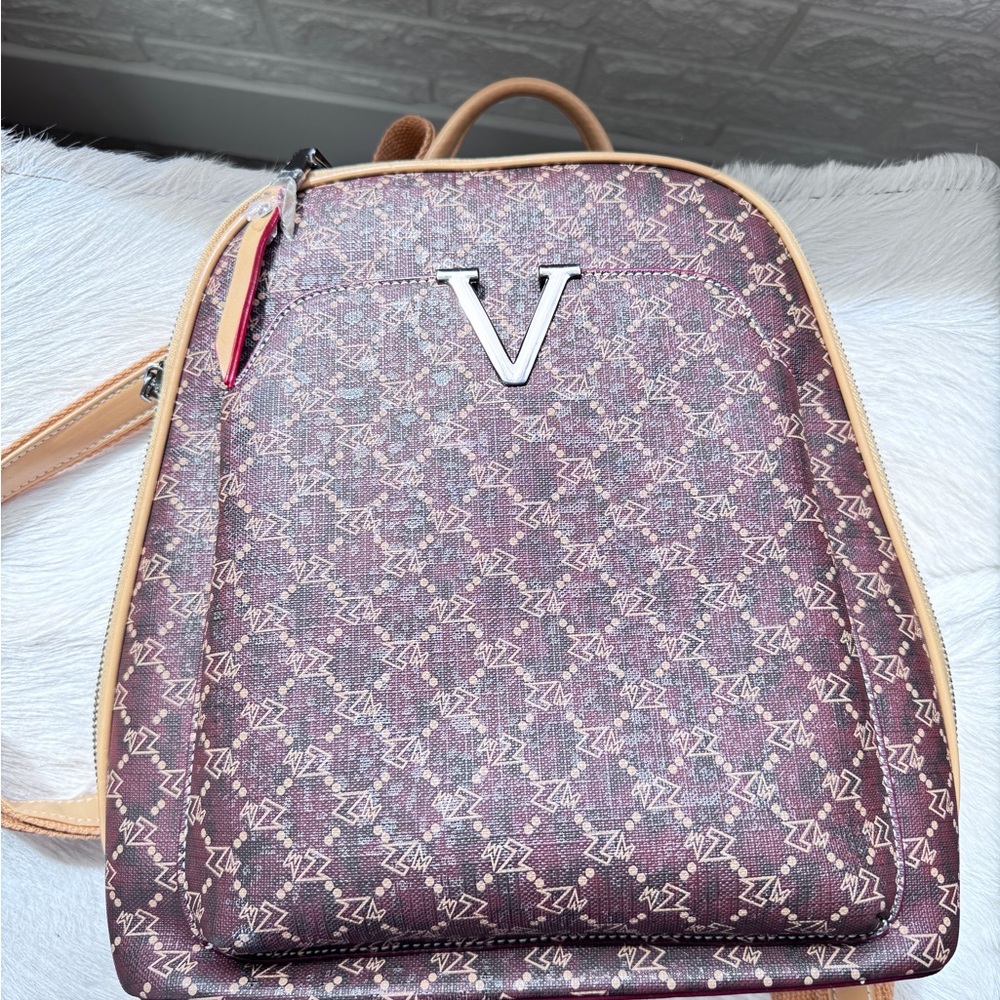 Brown Backpack With Geometric Pattern And Leather… - image 1